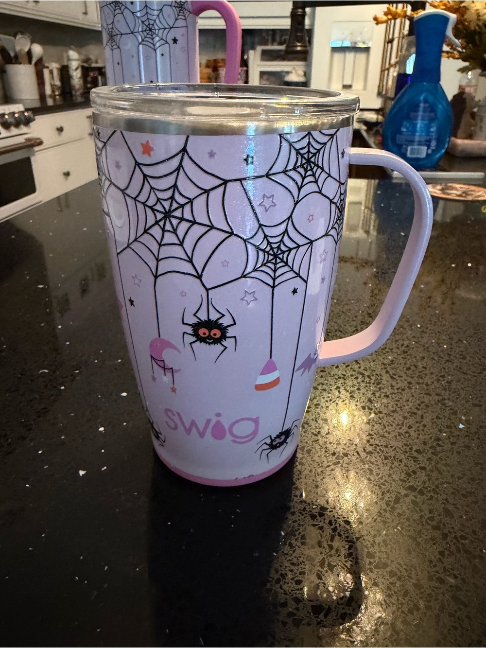 18 oz Swig Pink Halloween Spider Insulated Tumbler with Handle.GLOWS IN THE DARK